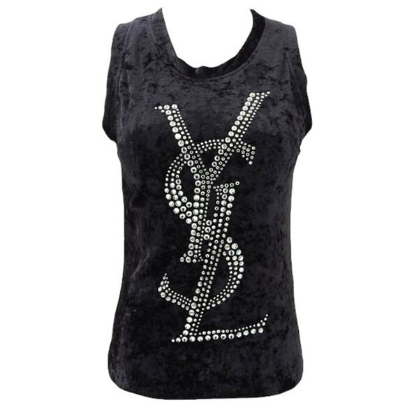 AUTH VTG Yves Saint Laurent YSL Black Velvet Rhinestone Logo Tank Top Blouse - Picture 1 of 16